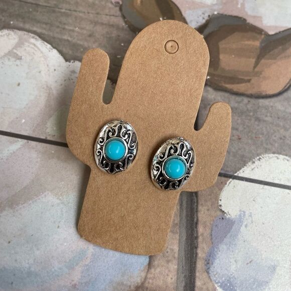 Turquoise Stone Silver Post Studs Earrings - Picture 3 of 4